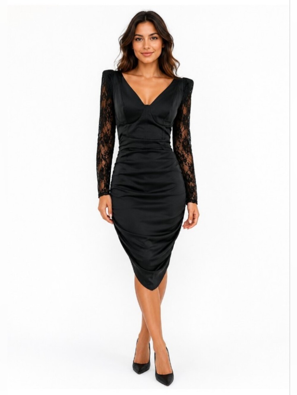 SHEIN Black Lace-Sleeve V-Neck Midi Dress Size 3xl